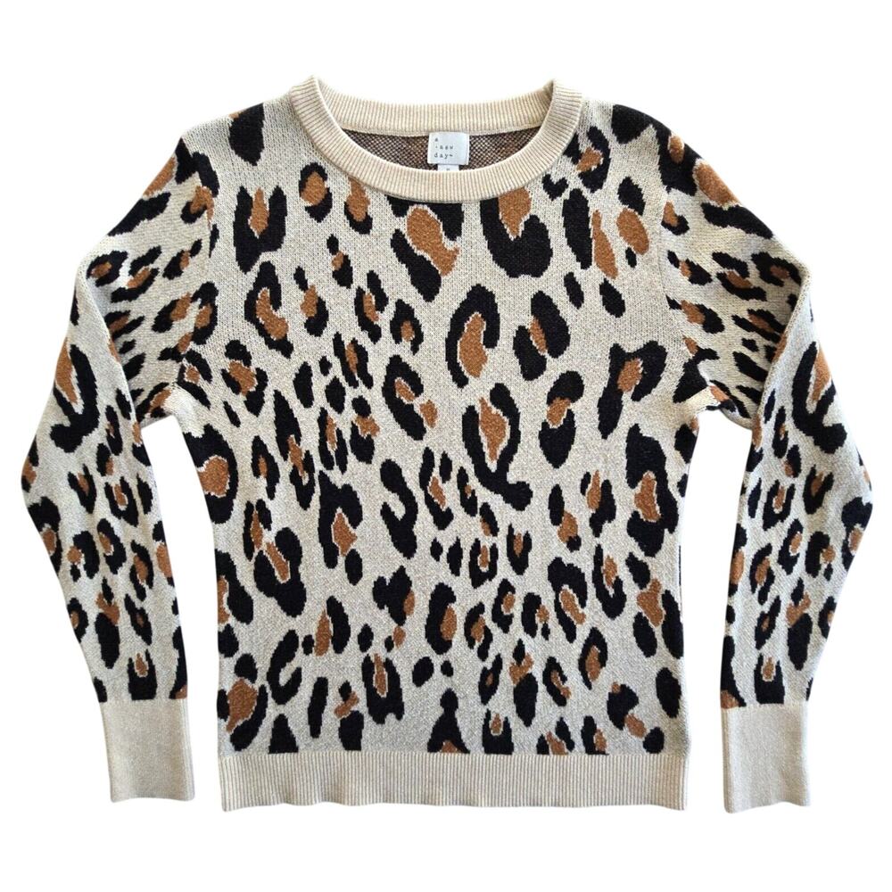 A New Day Sweater Womens S Tan Leopard Print Cotton Blend Pullover Cozy Casual